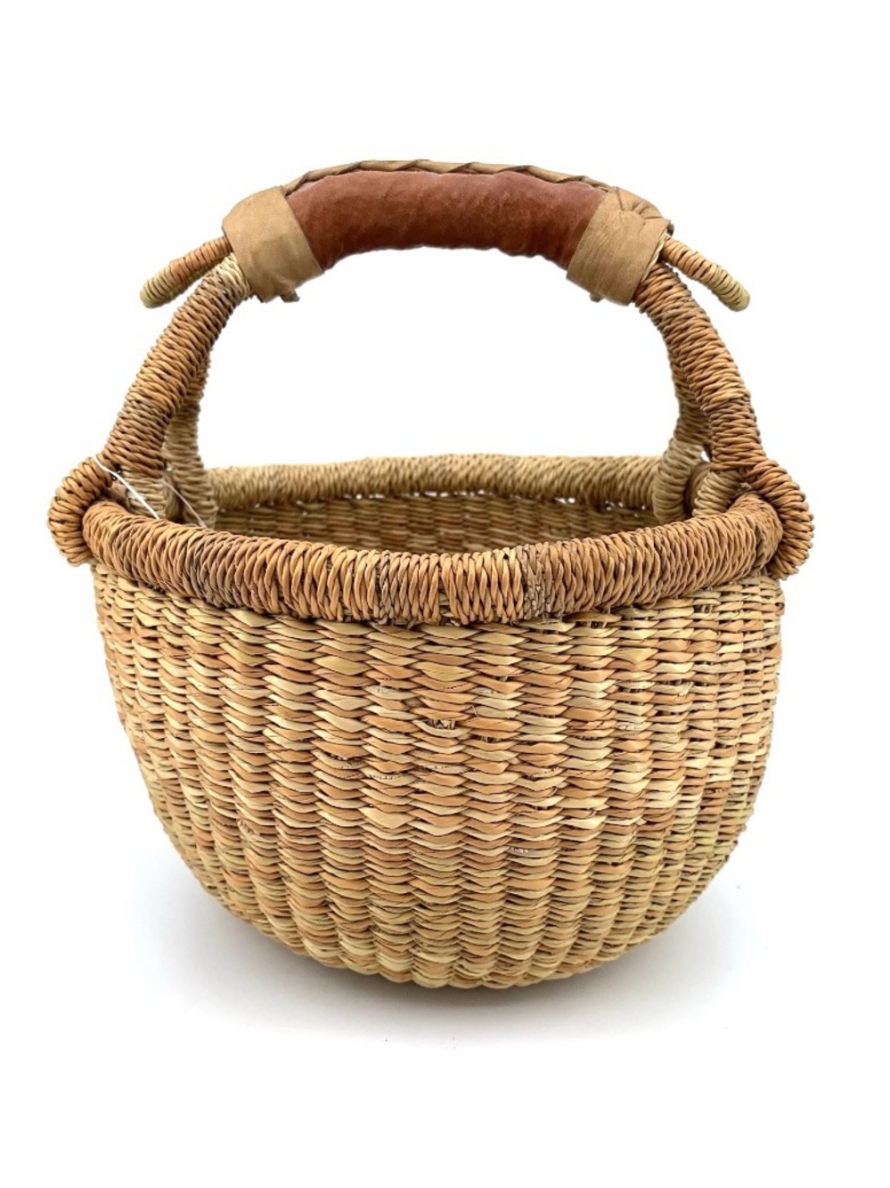 Handwoven Ghana Market Basket Signed Nmaa Apambila Leather Handle